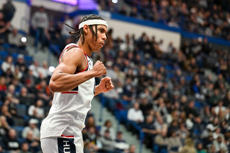 Connecticut Huskies forward Isaiah Abraham (4) celebrates after scoring during the second half against the Maryland Eastern Shore Hawks at XL Center.