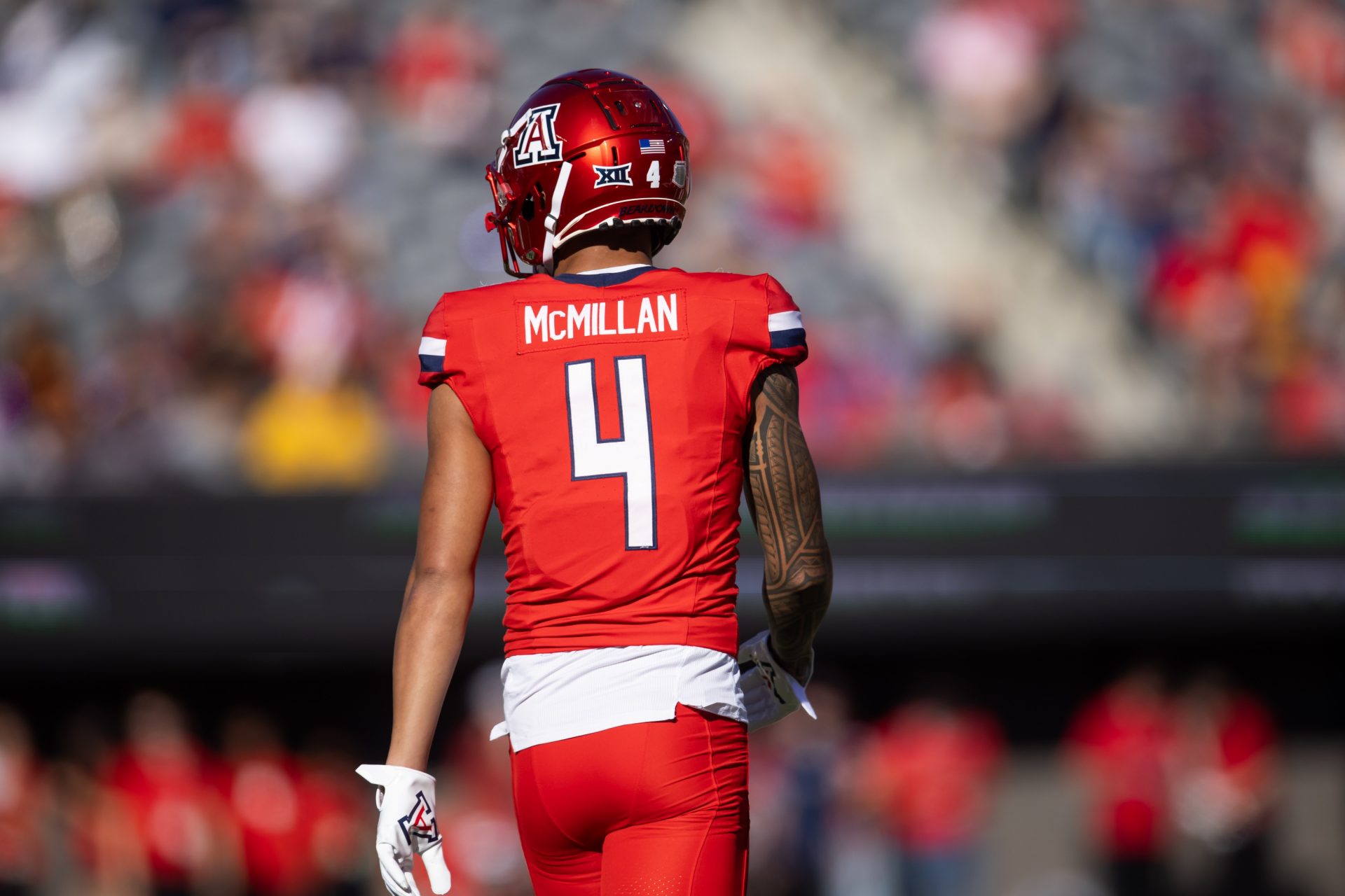 Detailed view of the jersey of Arizona Wildcats wide receiver Tetairoa McMillan (4) against the Arizona State Sun Devils during the Territorial Cup at Arizona Stadium.