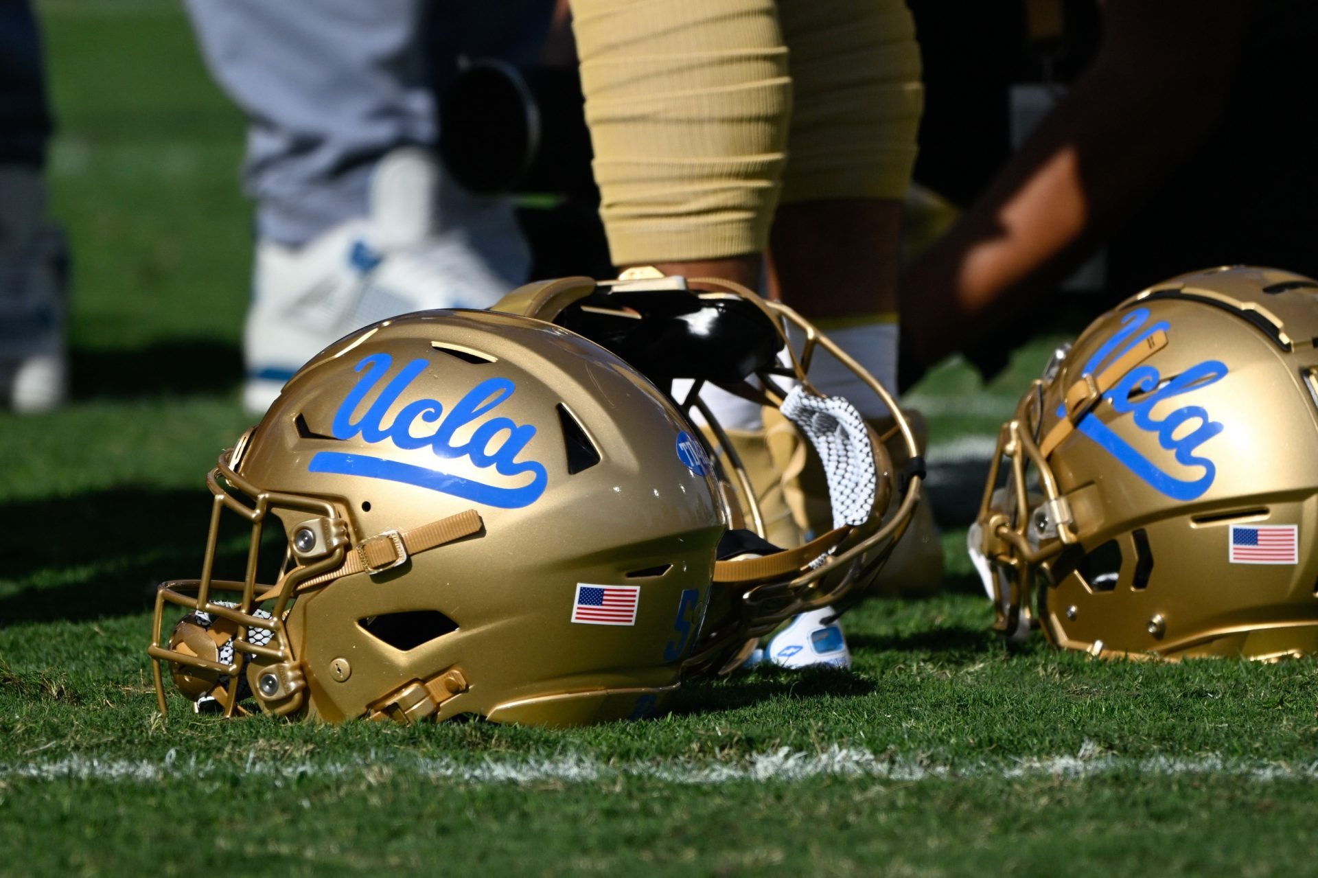 UCLA Bruins helmets during pregame warmups before playing the Fresno State Bulldogs at Rose Bowl.