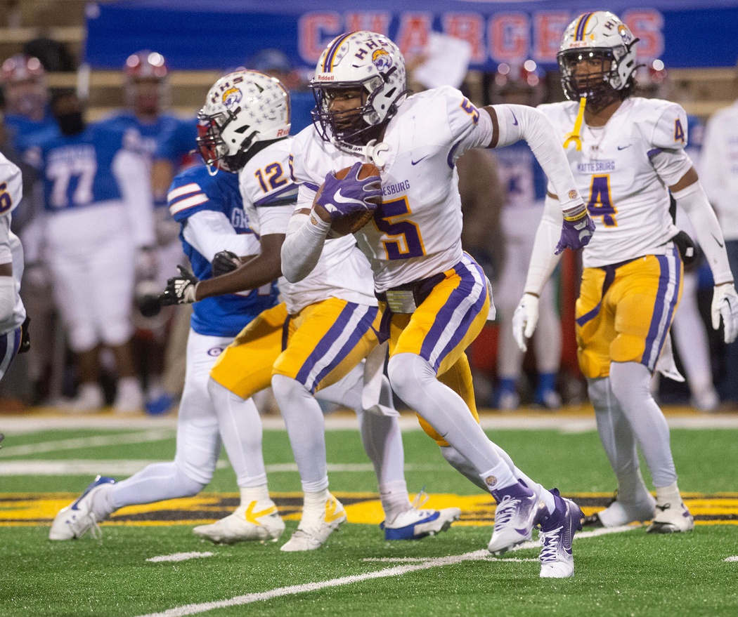 Hattiesburg's Tristen Keys (5) returns for the Tigers during play against Grenada in the MHSAA 6A championship game in Hattiesburg, Miss., Saturday, Dec. 7, 2024.