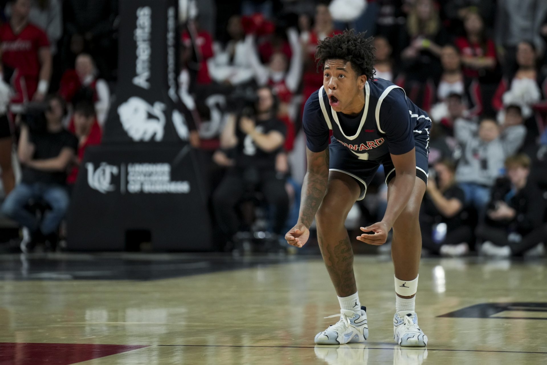 Howard Bison guard Blake Harper (7) reacts on the court in the game against the Cincinnati Bearcats in the second half at Fifth Third Arena.