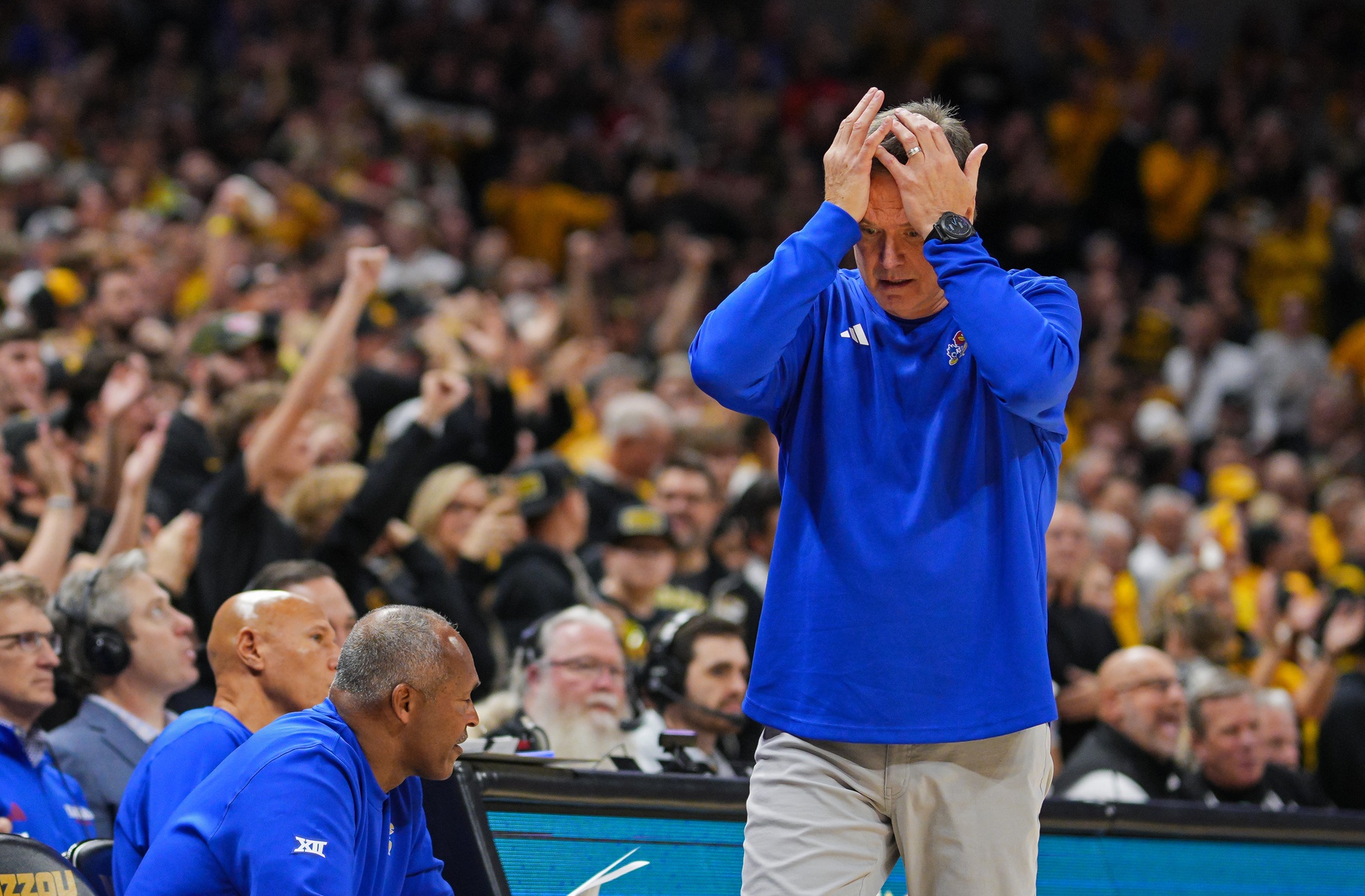 Kansas Jayhawks head coach Bill Self reacts during the second half against the Missouri Tigers at Mizzou Arena.