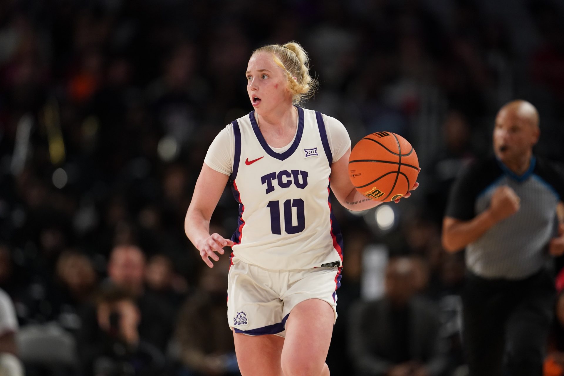 TCU Horned Frogs guard Hailey Van Lith (10) dribbles the ball upcourt against the South Carolina Gamecocks during the second half at Dickies Arena.