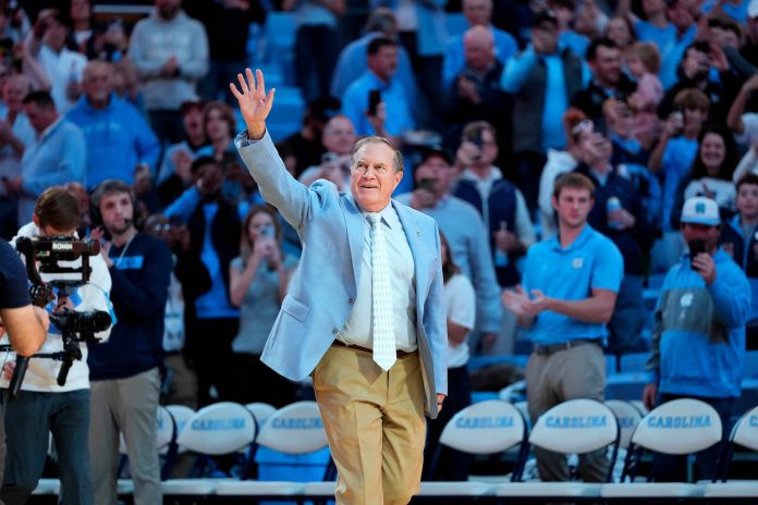 North Carolina Tar Heels head football coach Bill Belichick is introduced during half time at Dean E. Smith Center.