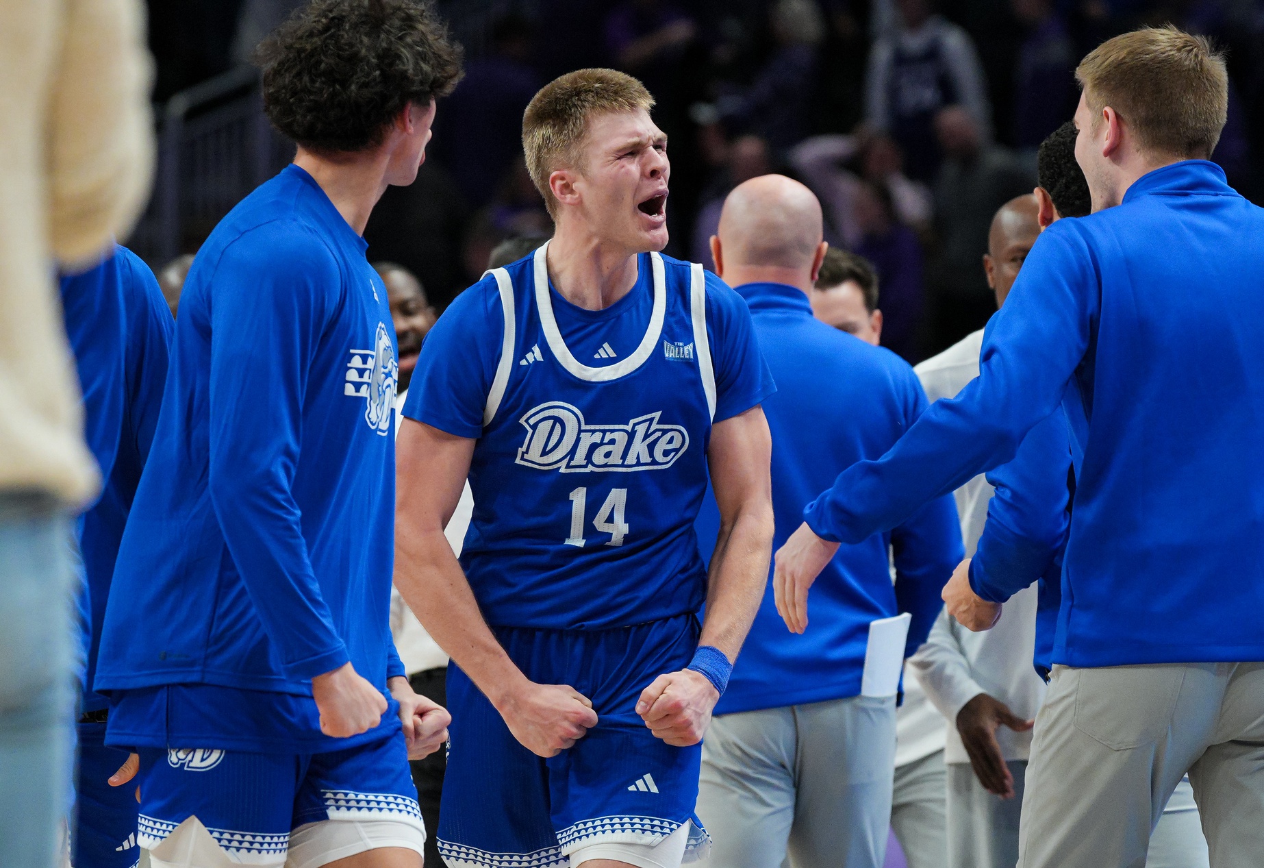 Drake Bulldogs guard Bennett Stirtz (14) celebrates after defeating the Kansas State Wildcats at T-Mobile Center.