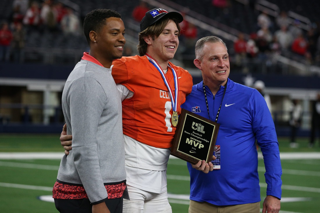 Celina's Bowe Bentley is nominated the offensive MVP after the Class 4A, Division I State Championship game on Friday, Dec. 20, 2024, at AT&T Stadium in Arlington, Texas.