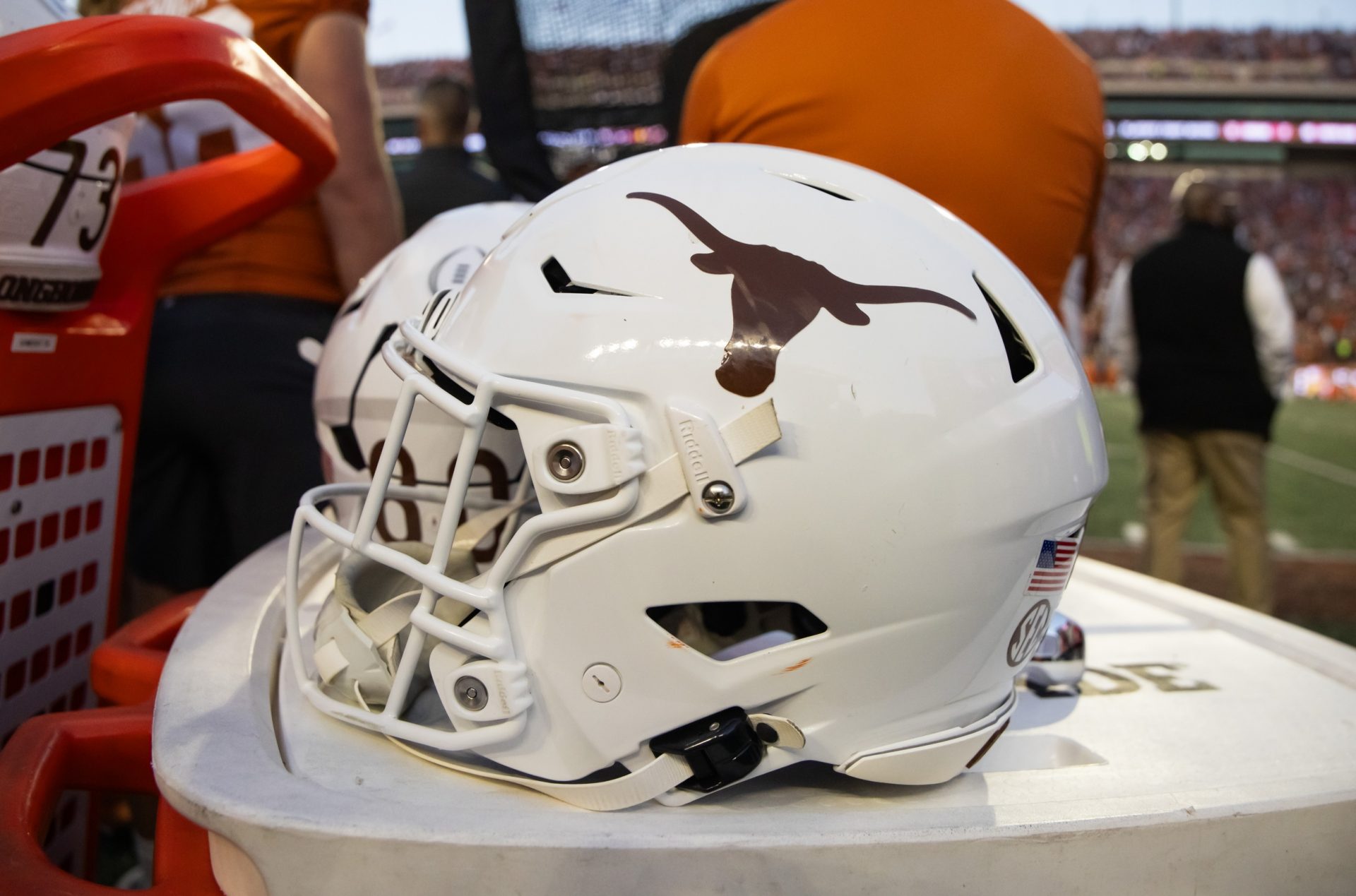 Detailed view of a Texas Longhorns helmet during the CFP National playoff first round at Darrell K Royal-Texas Memorial Stadium.