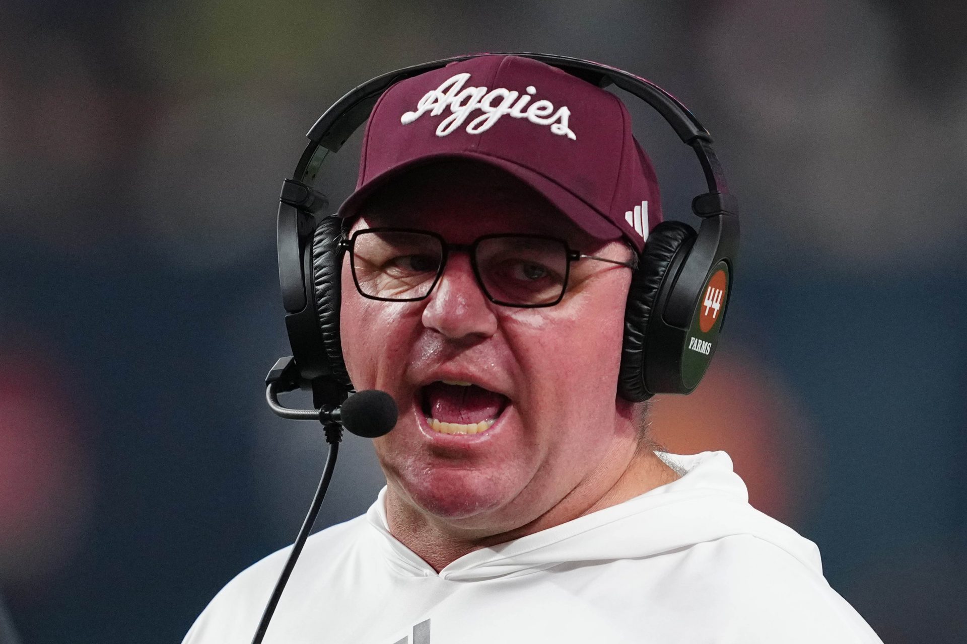 Texas A&M Aggies head coach Mike Elko reacts against the Southern California Trojans in the second half at Allegiant Stadium.