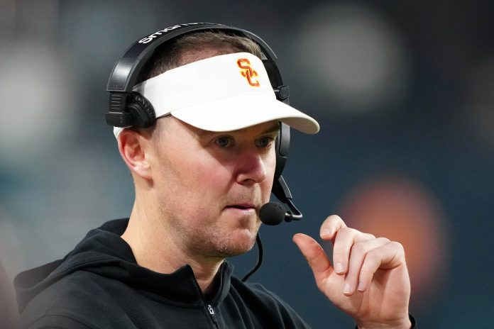 Southern California Trojans head coach Lincoln Riley reacts against the Texas A&M Aggies in the second half at Allegiant Stadium.