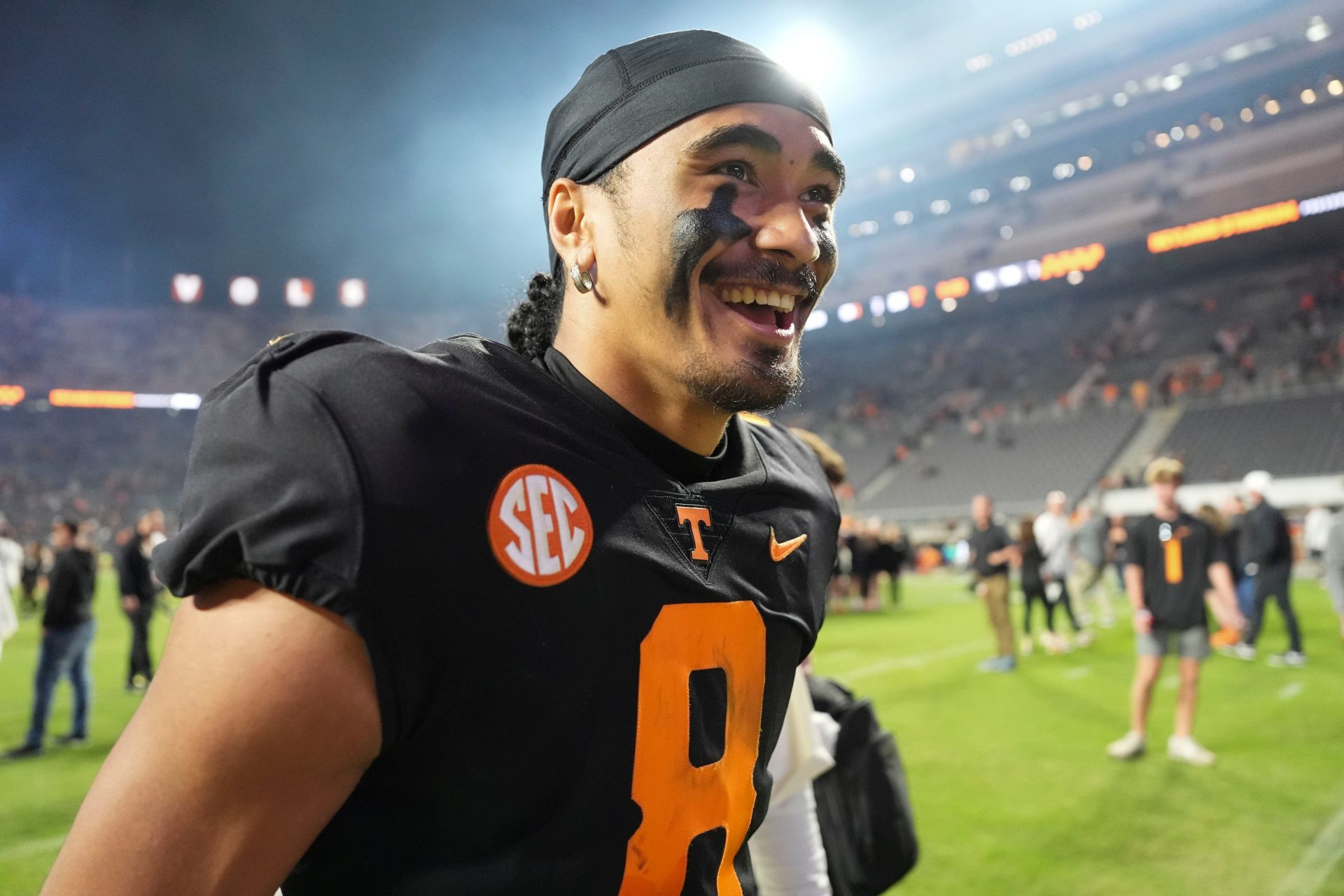 Tennessee quarterback Nico Iamaleava (8) walks off the field after the win over Kentucky after an NCAA college football game on Saturday, Nov. 2, 2024, in Knoxville, Tenn.