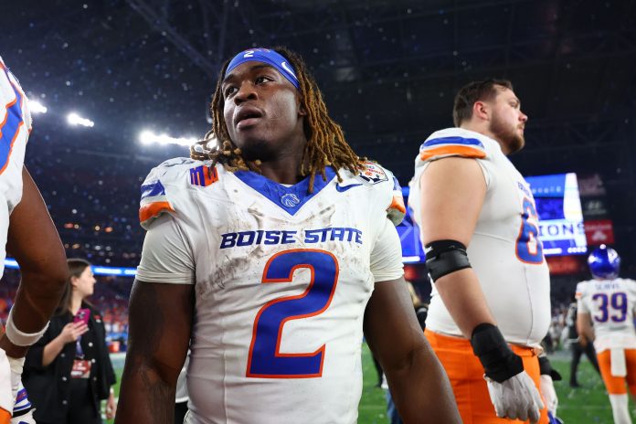 Boise State Broncos running back Ashton Jeanty (2) reacts after the game against the Penn State Nittany Lions in the Fiesta Bowl at State Farm Stadium.