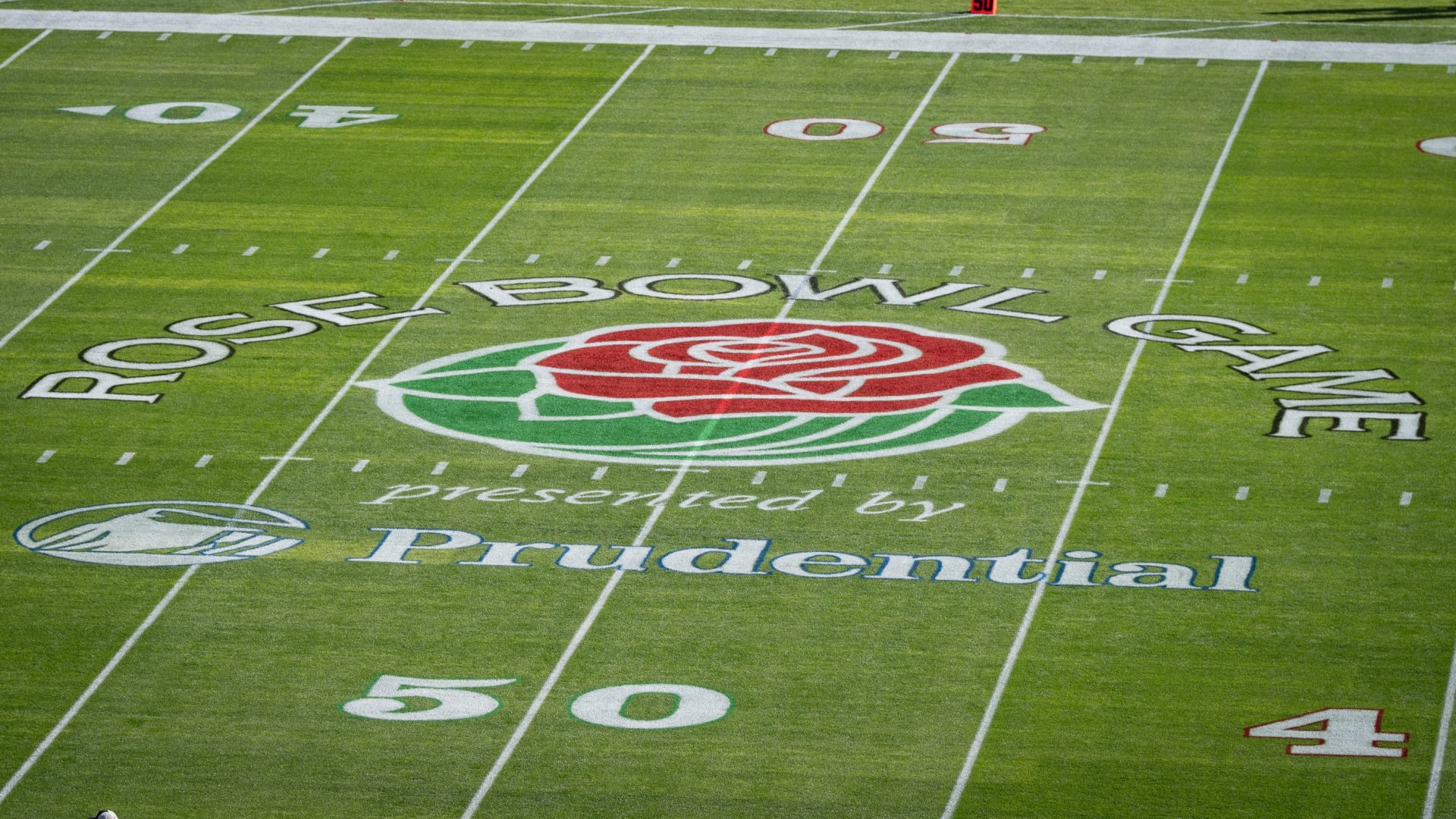 The Rose Bowl Game logo at center field as the Oregon Ducks face the Ohio State Buckeyes Wednesday, Jan. 1, 2025, in the quarterfinal of the College Football Playoff