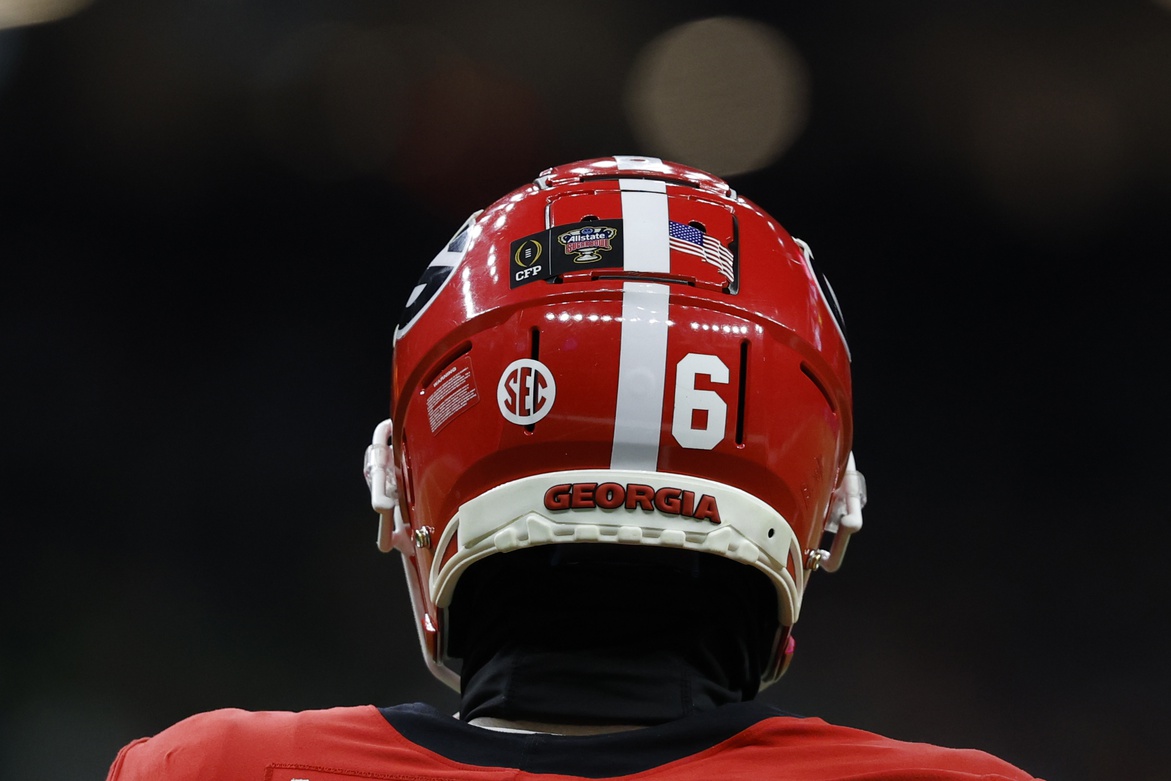 Georgia Bulldogs wide receiver Dominic Lovett (6) displays a memorial sticker on his helmet prior to the Allstate Sugar Bowl against the Notre Dame Fighting Irish honoring the victims of the New Year's Eve Bourbon Street attack at Caesars Superdome.