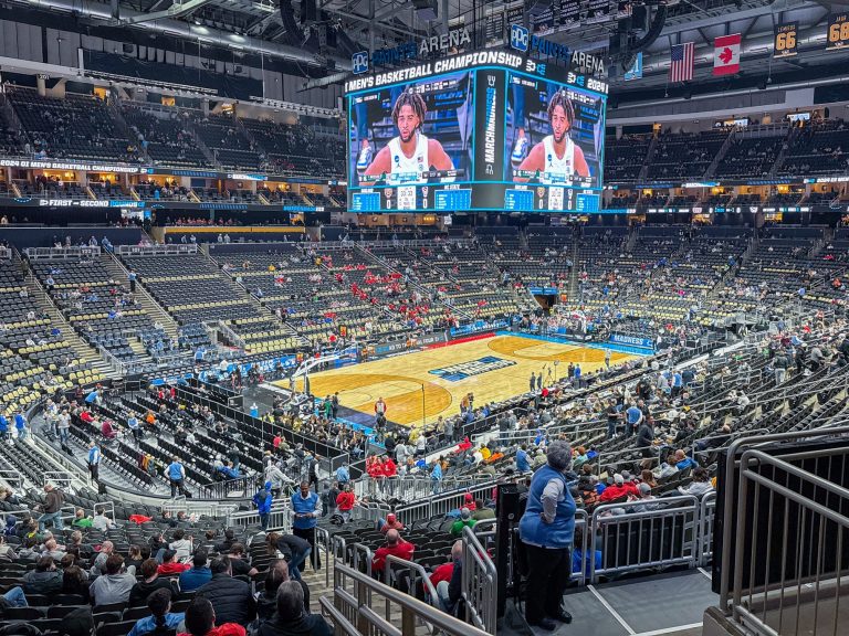 Fans file inside PPG Paints Arena ahead of the Round of 32 game between NC State and Oakland during the NCAA Men's March Madness