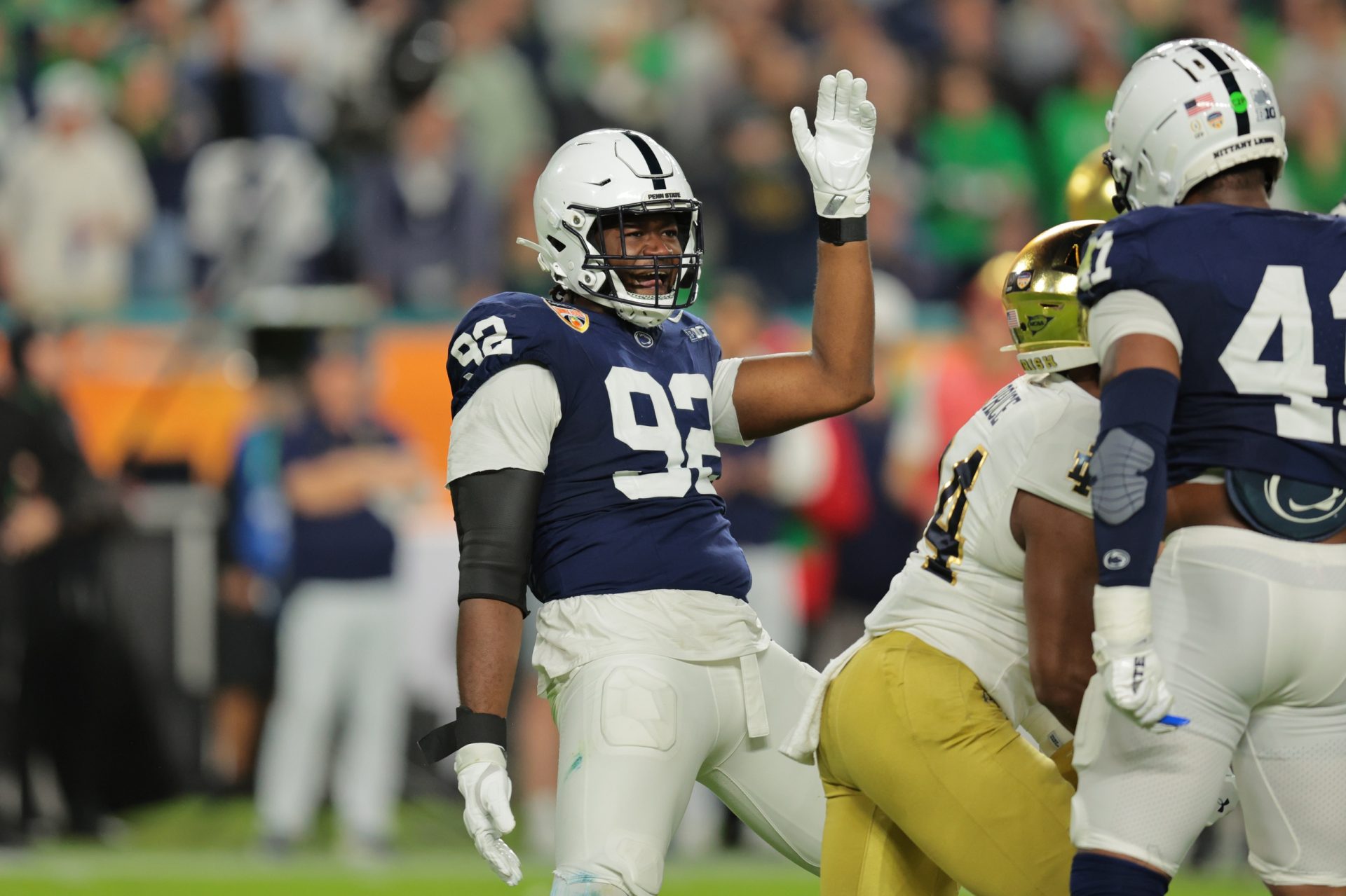 Penn State Nittany Lions defensive end Smith Vilbert (92) celebrates a play in the first half against the Notre Dame Fighting Irish in the Orange Bowl