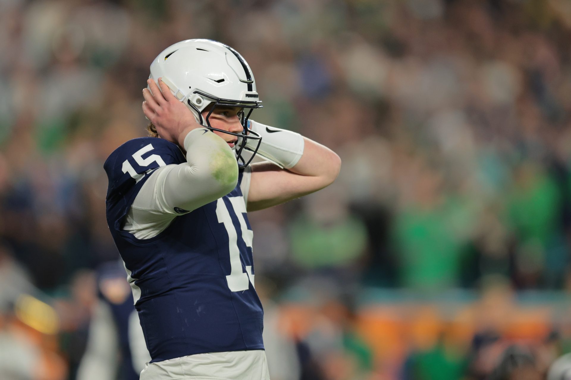 Penn State Nittany Lions quarterback Drew Allar (15) reacts in the first half against the Notre Dame Fighting Irish in the Orange Bowl at Hard Rock Stadium.