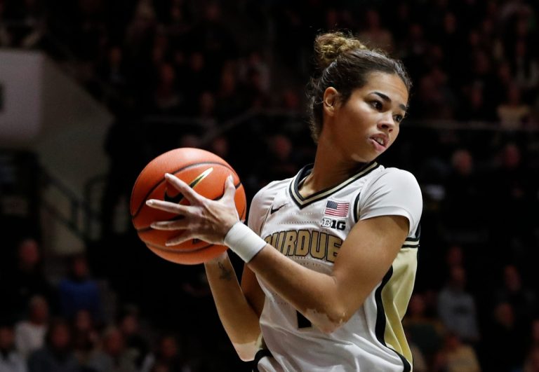 Purdue Boilermakers guard Amiyah Reynolds (1) grabs a rebound Saturday, Jan. 11, 2025, during the NCAA women’s basketball game against the Michigan Wolverines at Mackey Arena in West Lafayette, Ind. Michigan won 87-60.