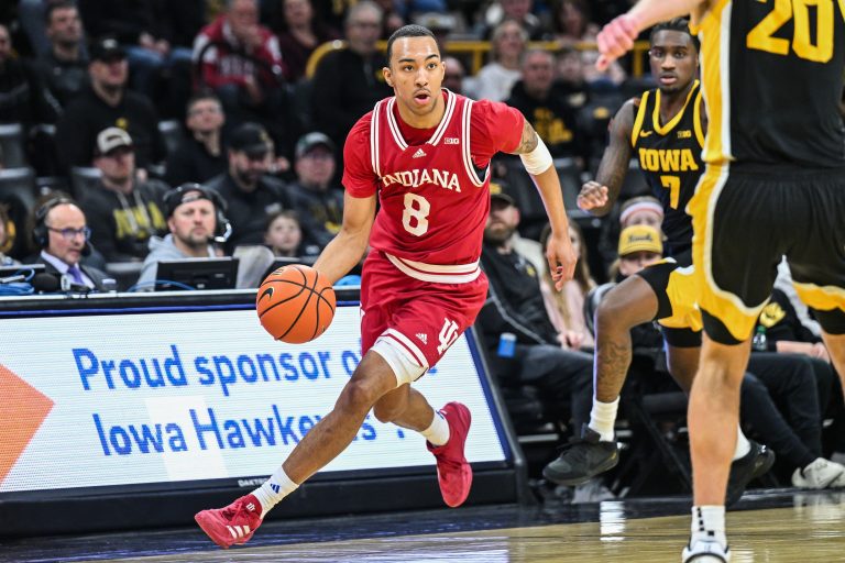 Indiana Hoosiers forward Bryson Tucker (8) brings the ball up court against the Iowa Hawkeyes during the first half at Carver-Hawkeye Arena.