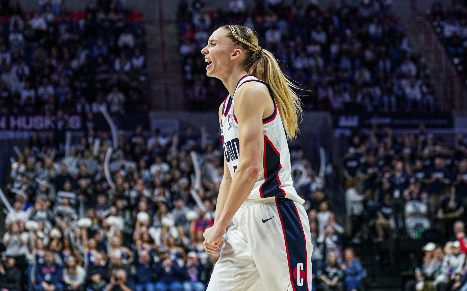 UConn Huskies guard Paige Bueckers (5) reacts after a basket against the Seton Hall Pirates in the second half at Harry A. Gampel Pavilion.