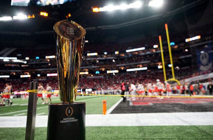 Ohio State Buckeyes warm ups before the start of the College Football Playoff National Championship at Mercedes-Benz Stadium in Atlanta on January 20, 2025.