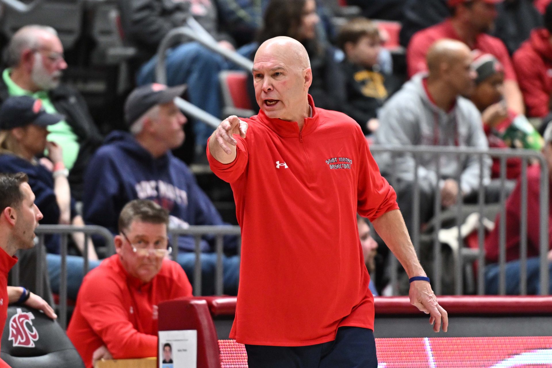 St. Mary's Gaels head coach Randy Bennett reacts after a play against the Washington State Cougars in the second half at Friel Court at Beasley Coliseum. St. Mary's Gaels won 80-75.