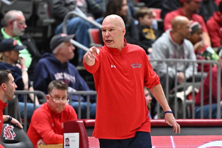 St. Mary's Gaels head coach Randy Bennett reacts after a play against the Washington State Cougars in the second half at Friel Court at Beasley Coliseum. St. Mary's Gaels won 80-75.