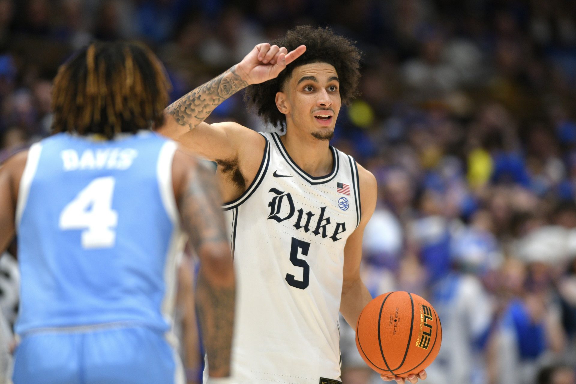 Duke Blue Devils guard Tyrese Proctor (5) calls during the second half against the North Carolina Tar Heels at Cameron Indoor Stadium.