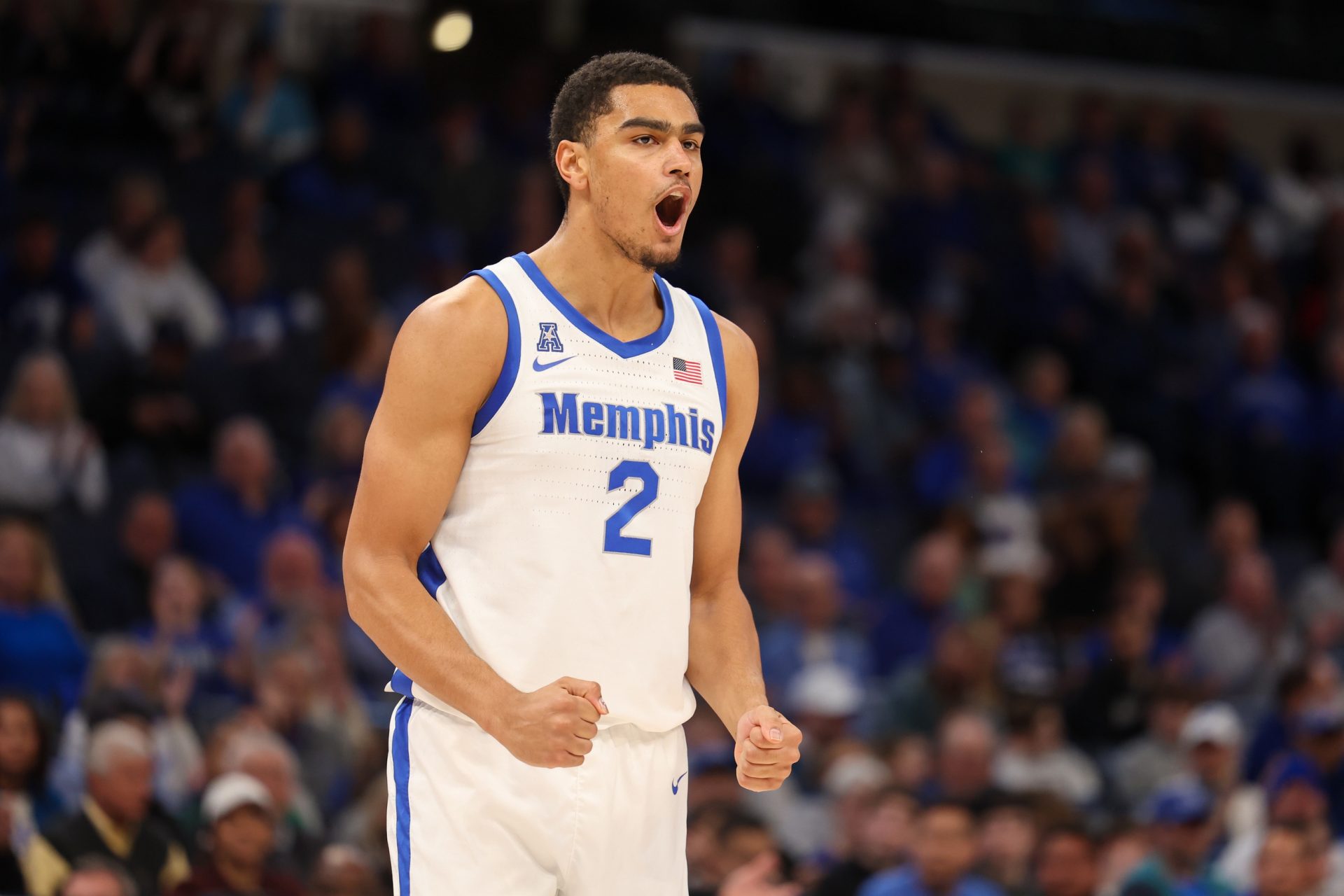 Memphis Tigers forward Nicholas Jourdain (2) reacts against the Temple Owls during the second half at FedExForum.