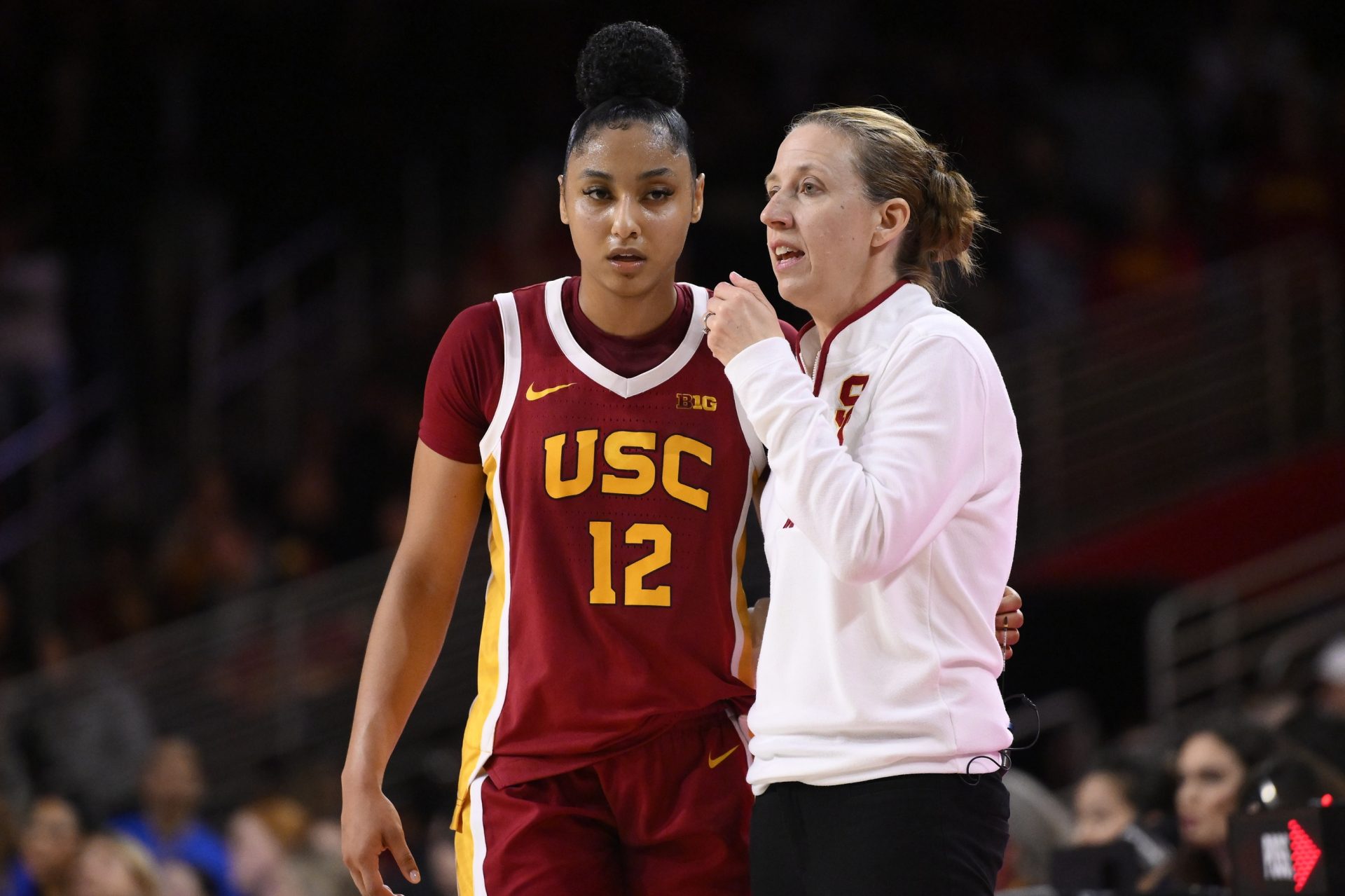 USC Trojans guard JuJu Watkins (12) and head coach Lindsay Gottlieb during the second half against the UCLA Bruins at Galen Center.