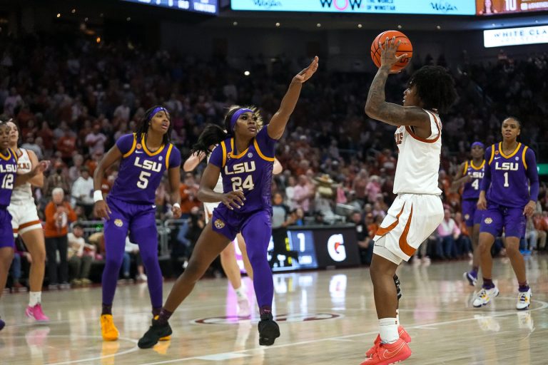 Texas Longhorns guard Rori Harmon (3) shoots the ball over LSU forward Aneesah Morrow (24) during the game at the Moody Center on Sunday, Feb. 16, 2025.