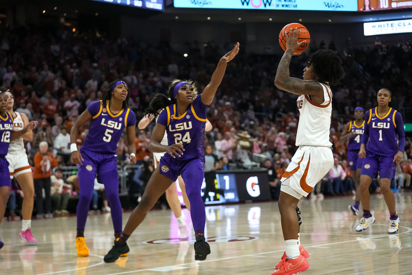 Texas Longhorns guard Rori Harmon (3) shoots the ball over LSU forward Aneesah Morrow (24) during the game at the Moody Center on Sunday, Feb. 16, 2025.