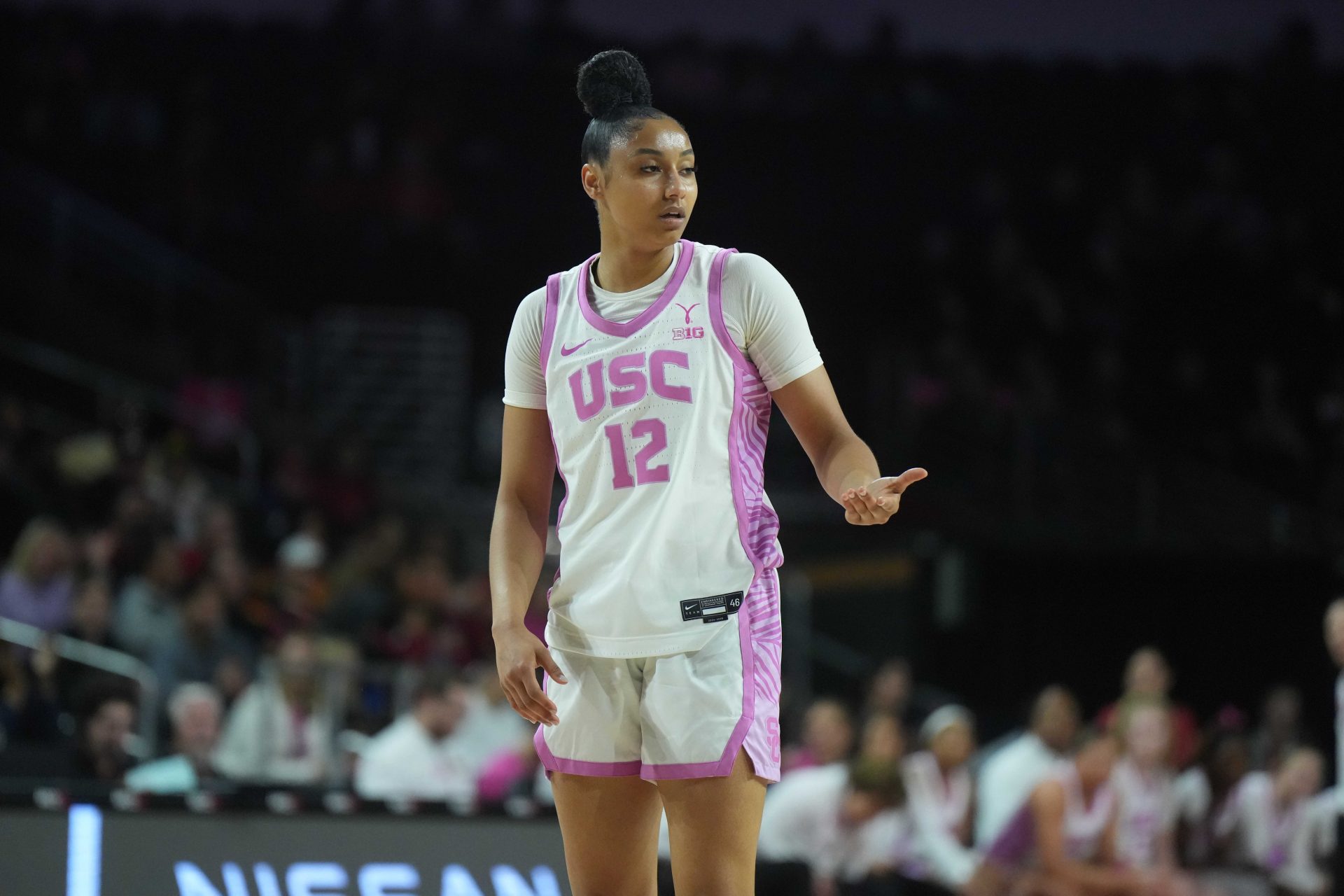 Southern California Trojans guard JuJu Watkins (12) reacts against the Michigan State Spartans in the first half at Galen Center.