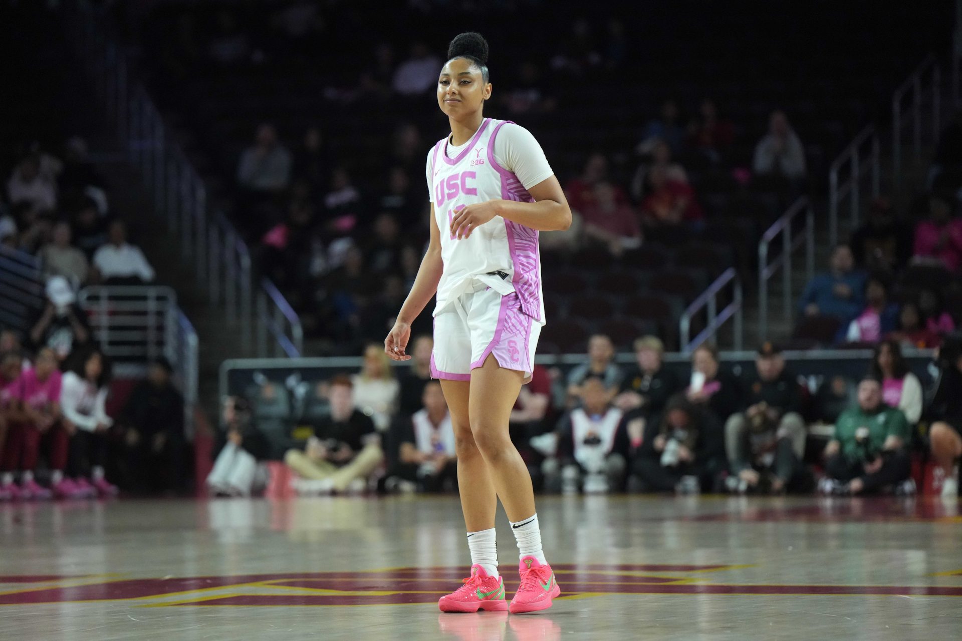 Southern California Trojans guard JuJu Watkins (12) reacts in the second half against the Michigan State Spartans at the Galen Center.