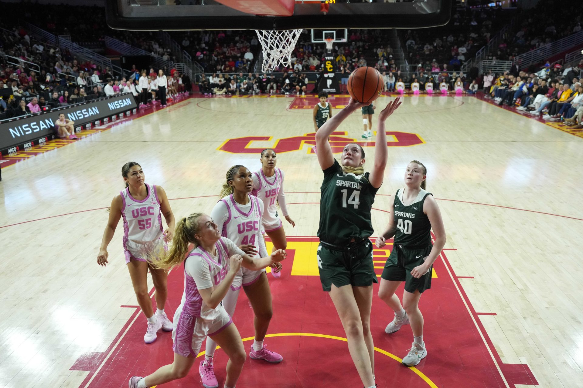 Michigan State Spartans forward Grace VanSlooten (14) shoots the ball against the Southern California Trojans in the second half at Galen Center.