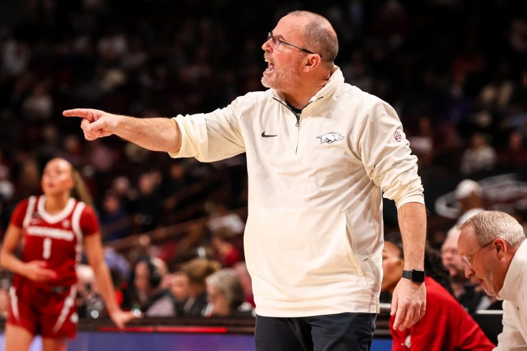 Arkansas Razorbacks head coach Mike Neighbors directs his team against the South Carolina Gamecocks in the second half at Colonial Life Arena.