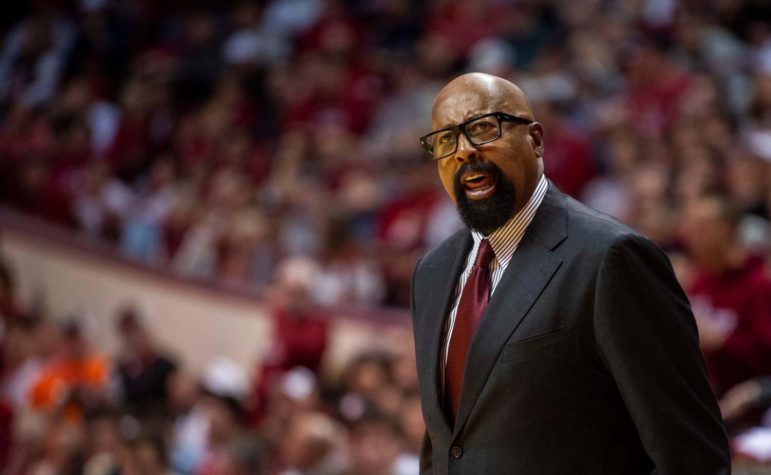 Indiana Head Coach Mike Woodson disagrees with a call during the Indiana versus Penn St. mens basketball game at Simon Skjodt Assembly Hall on Wednesday, Feb. 26, 2025.