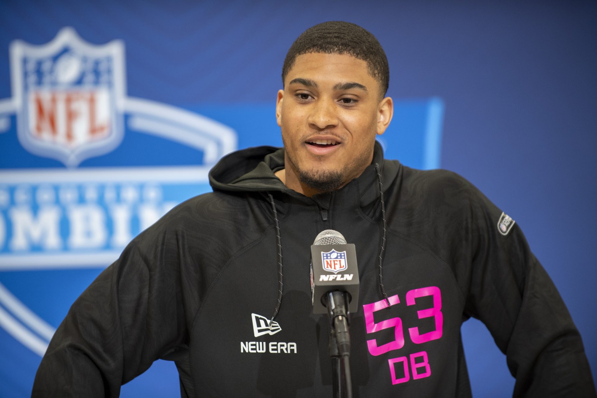 Notre Dame defensive back Xavier Watts (DB53) during the 2025 NFL Combine at Lucas Oil Stadium.