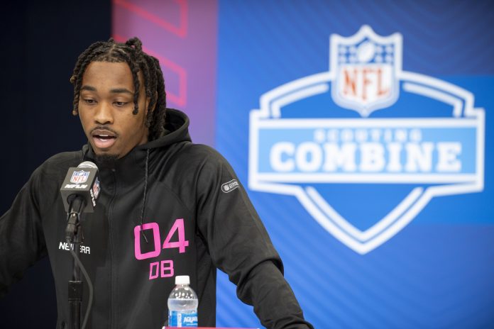 Texas defensive back Jahdae Barron (DB04) during the 2025 NFL Combine at Lucas Oil Stadium.