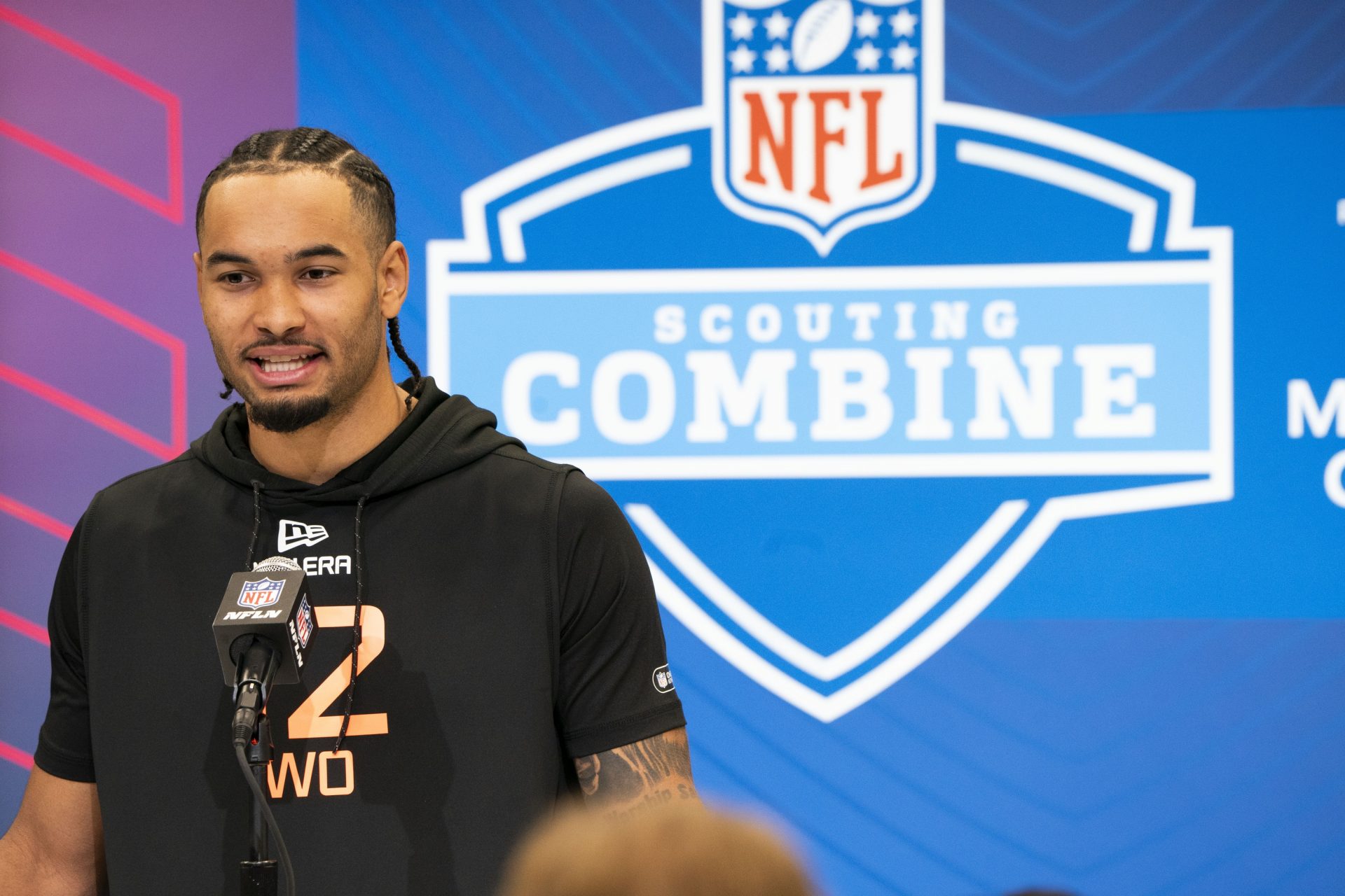 Ohio State wideout Emeka Egbuka (WO12) speaks during a press conference during the 2025 NFL Combine at Indiana Convention Center.