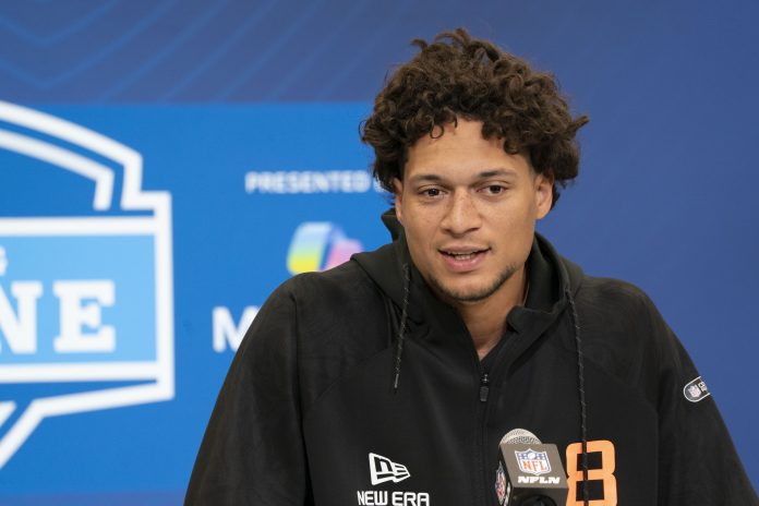 Iowa State wideout Jayden Higgins (WO18) speaks at a press conference during the 2025 NFL Combine