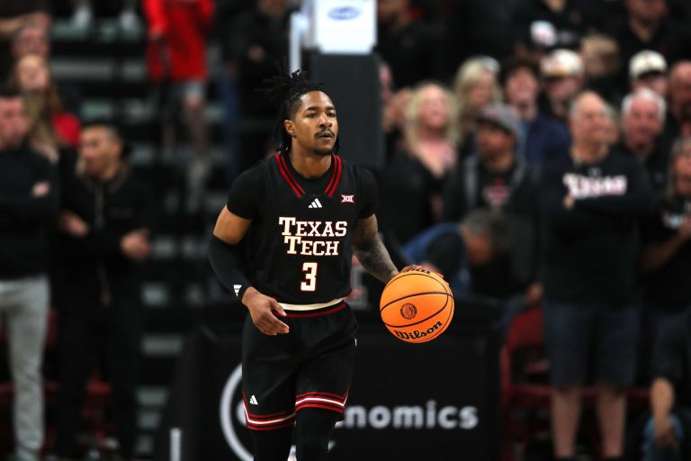 Texas Tech Red Raiders guard Elijah Hawkins (3) brings the ball up court against the Houston Cougars in the first half at United Supermarkets Arena.