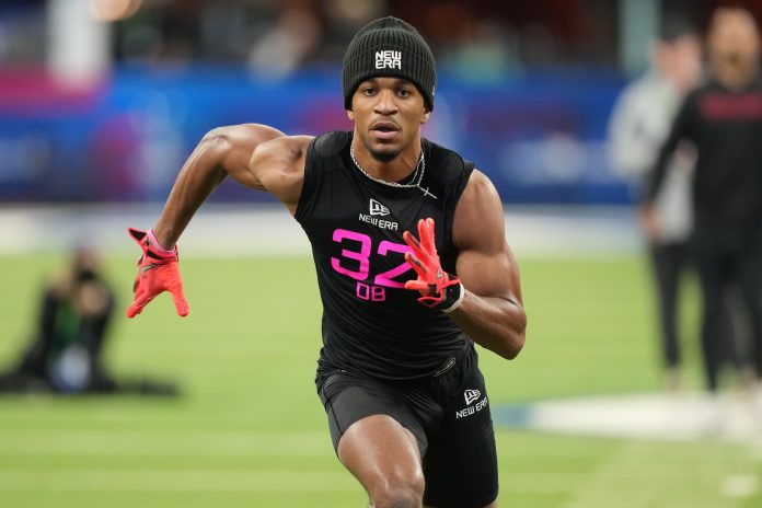 Florida State defensive back Azareye'h Thomas (DB32) participates in drills during the 2025 NFL Combine at Lucas Oil Stadium.