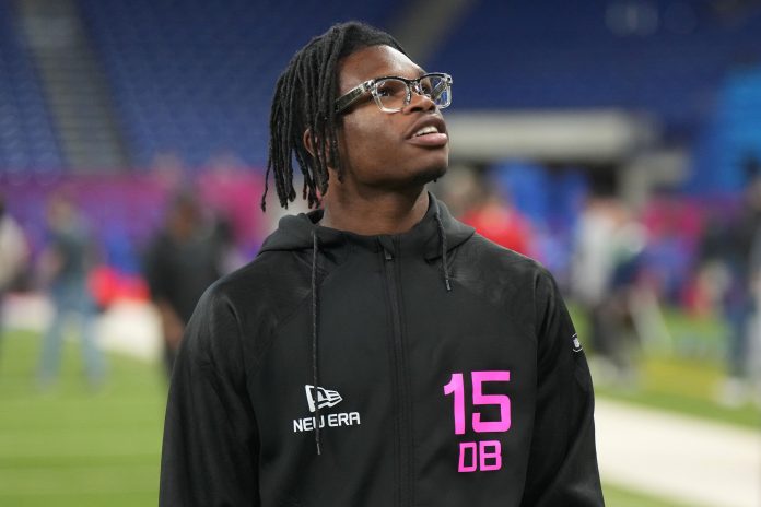 Colorado defensive back Travis Hunter (DB15) looks on during the 2025 NFL Scouting Combine at Lucas Oil Stadium.