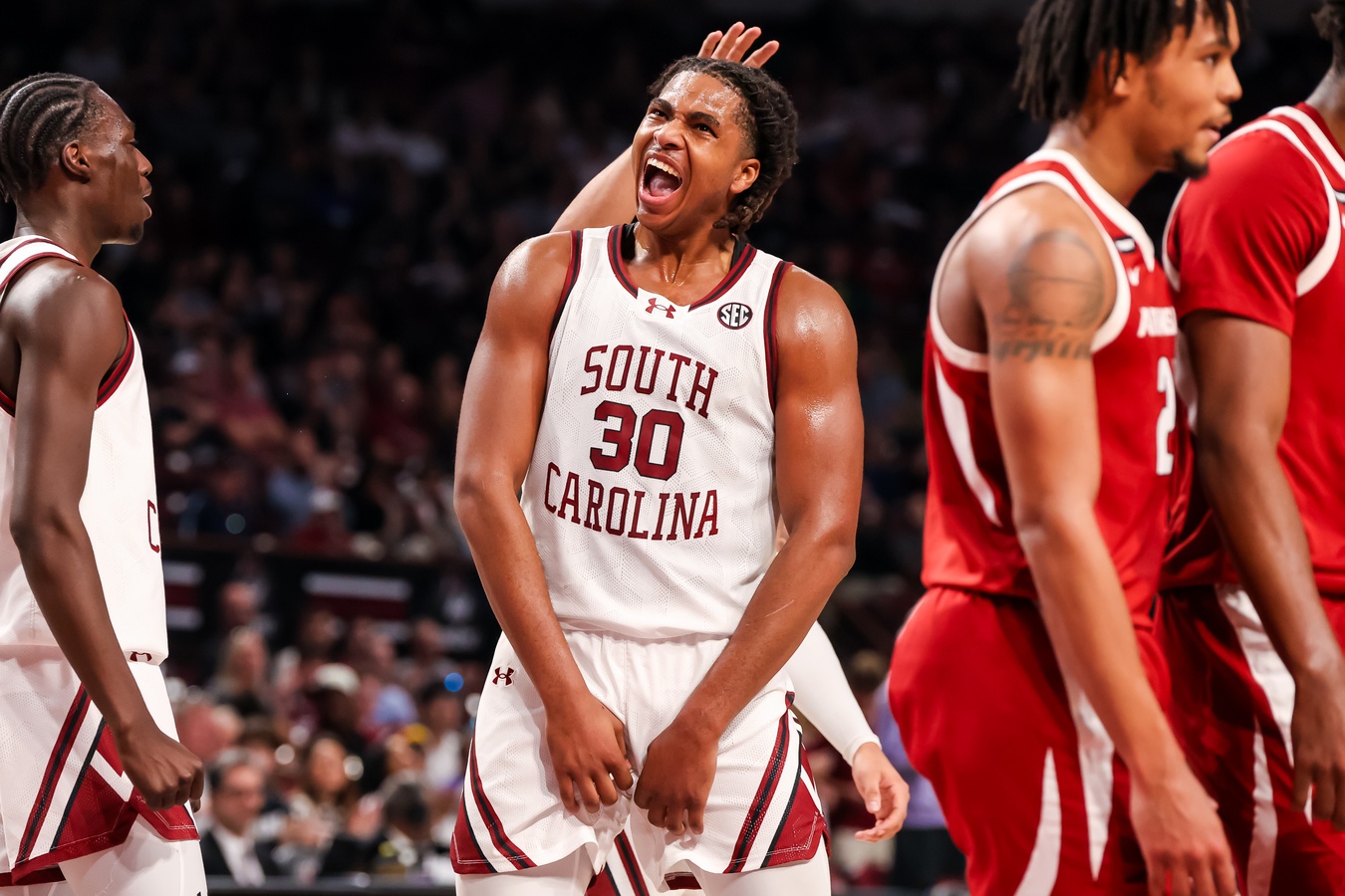 South Carolina Gamecocks forward Collin Murray-Boyles (30) celebrates a play against the Arkansas Razorbacks in the first half at Colonial Life Arena.