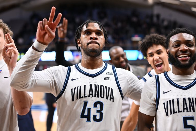 Villanova Wildcats forward Eric Dixon (43) celebrates with teammates after the game against the Butler Bulldogs at William B. Finneran Pavilion.