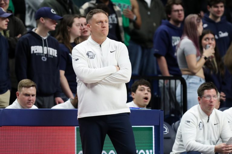 Penn State Nittany Lions head coach Mike Rhoades looks on from the bench during the first half against the Maryland Terrapins at Bryce Jordan Center.