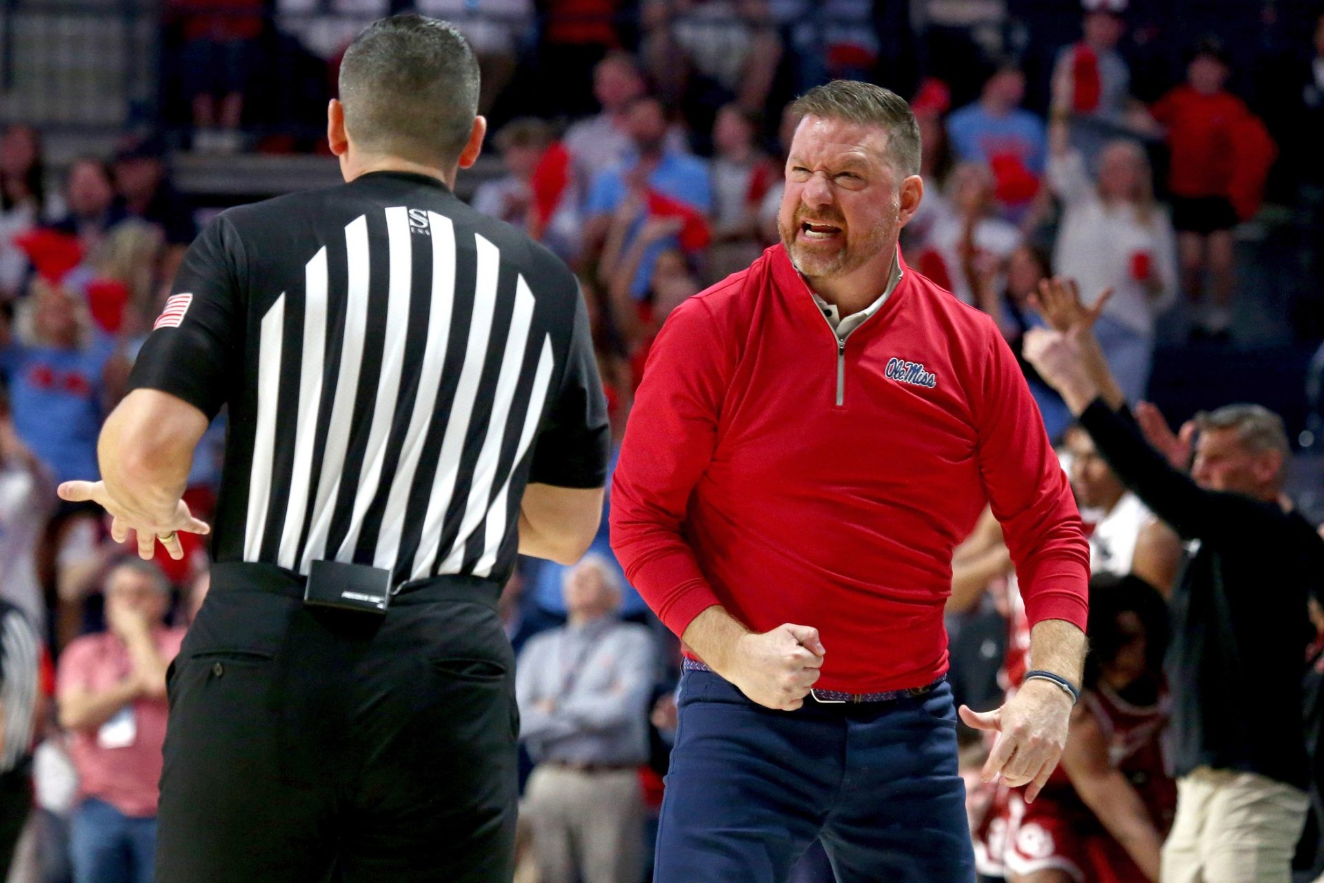 Mississippi Rebels head coach Chris Beard reacts toward an official during the second half against the Oklahoma Sooners at The Sandy and John Black Pavilion at Ole Miss.