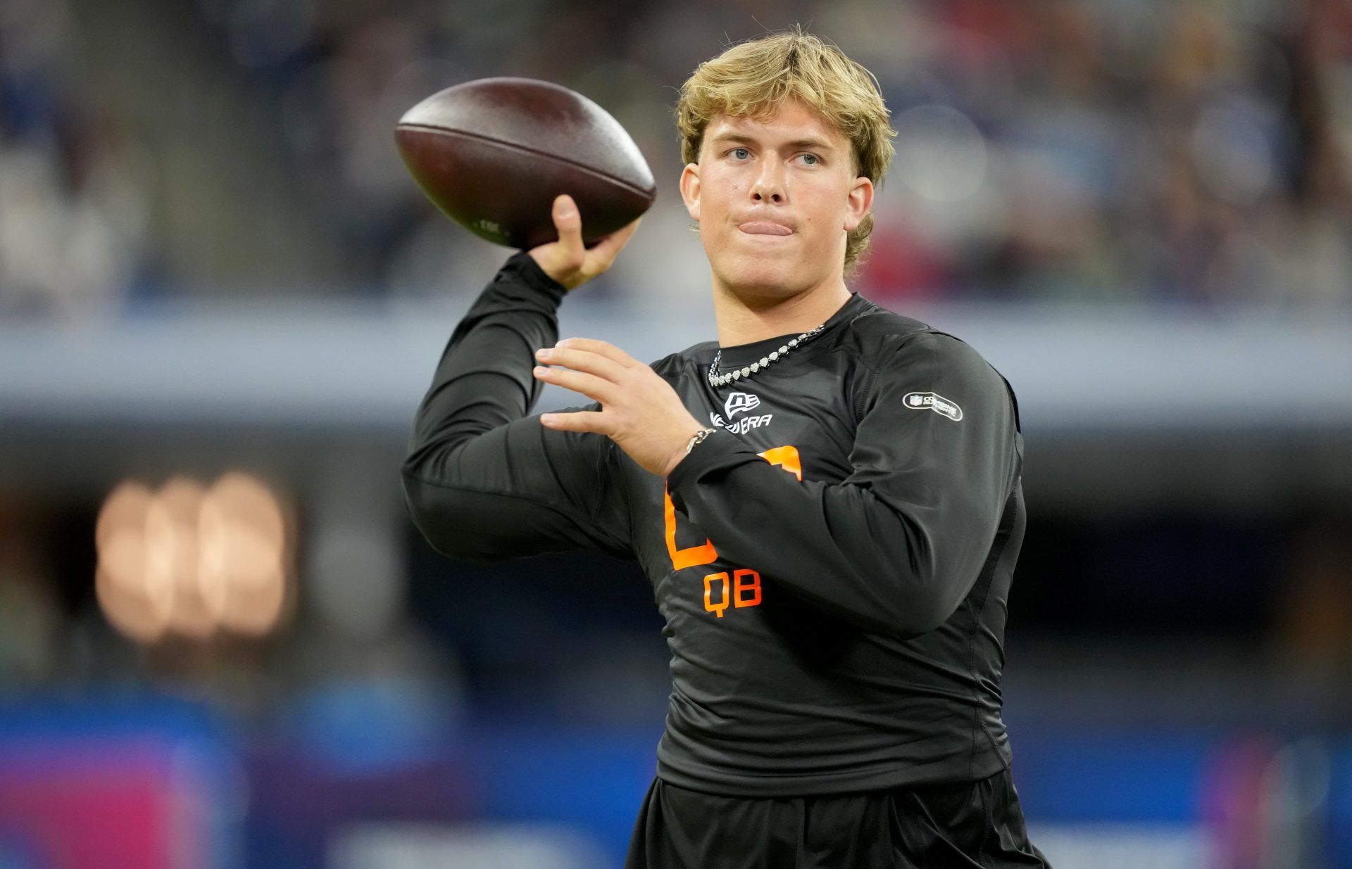 Mississippi quarterback Jaxson Dart (QB03) during the 2025 NFL Combine at Lucas Oil Stadium.