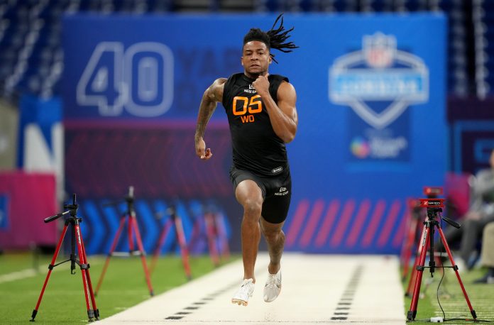 Texas wideout Isaiah Bond (WO05) during the 2025 NFL Combine at Lucas Oil Stadium.