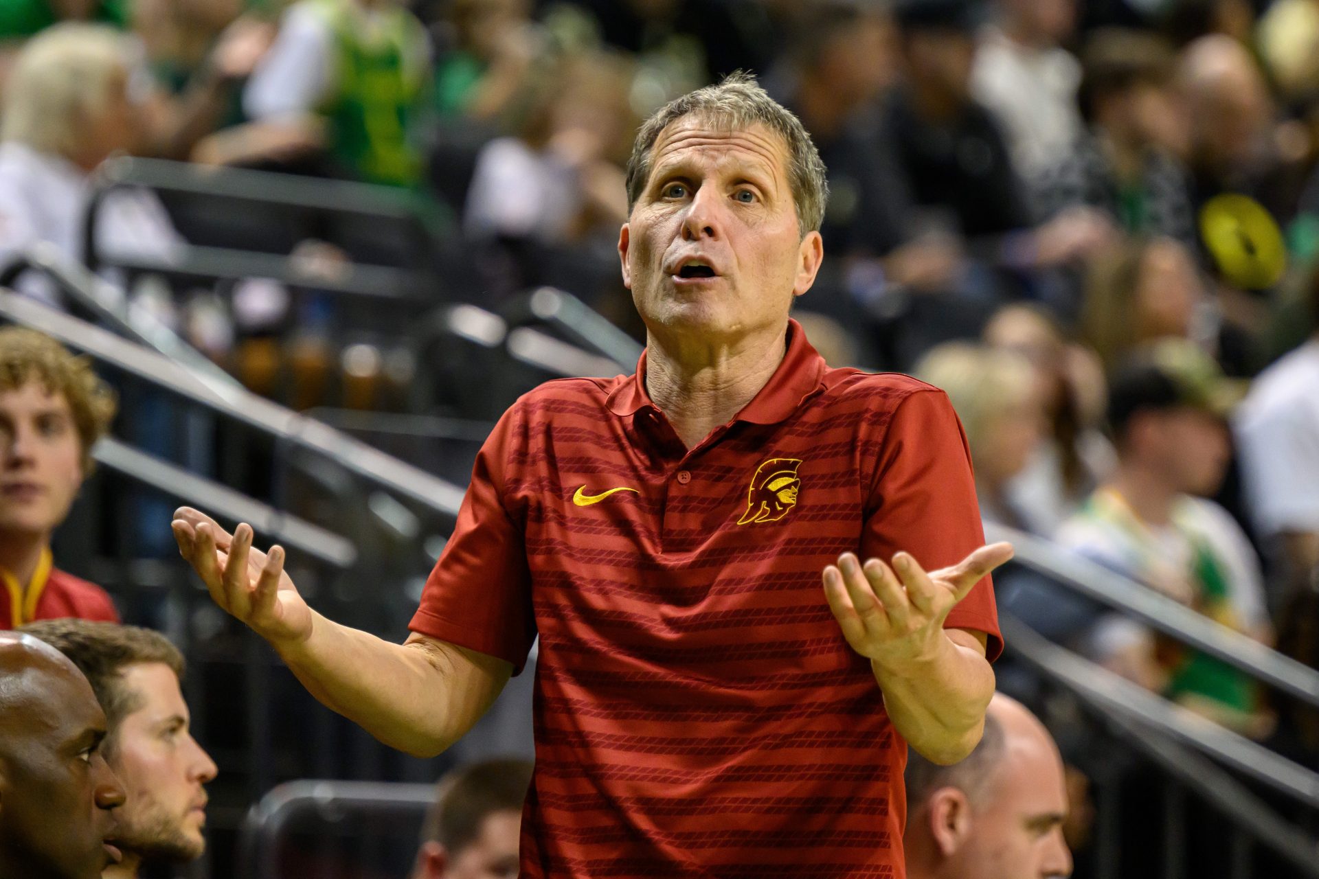 USC Trojans head coach Eric Musselman reacts to the action in the second half against the Oregon Ducks at Matthew Knight Arena.